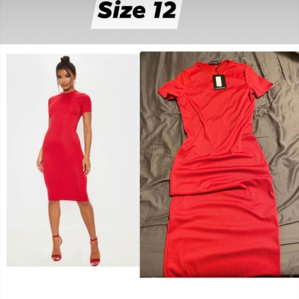 Red ribbed crew neck midi dress